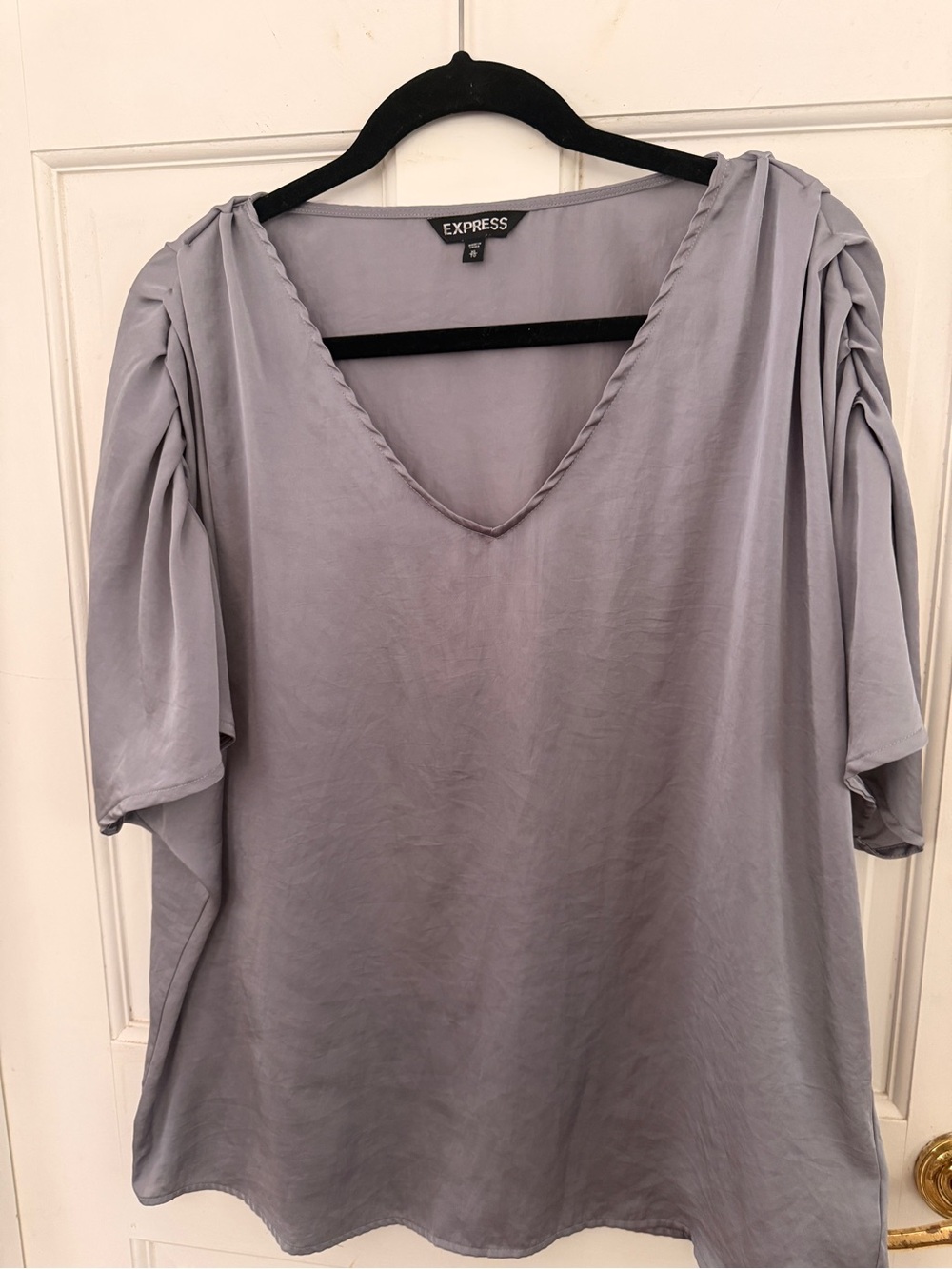Express gray/silver V-Neck Ruched Sleeve Blouse
